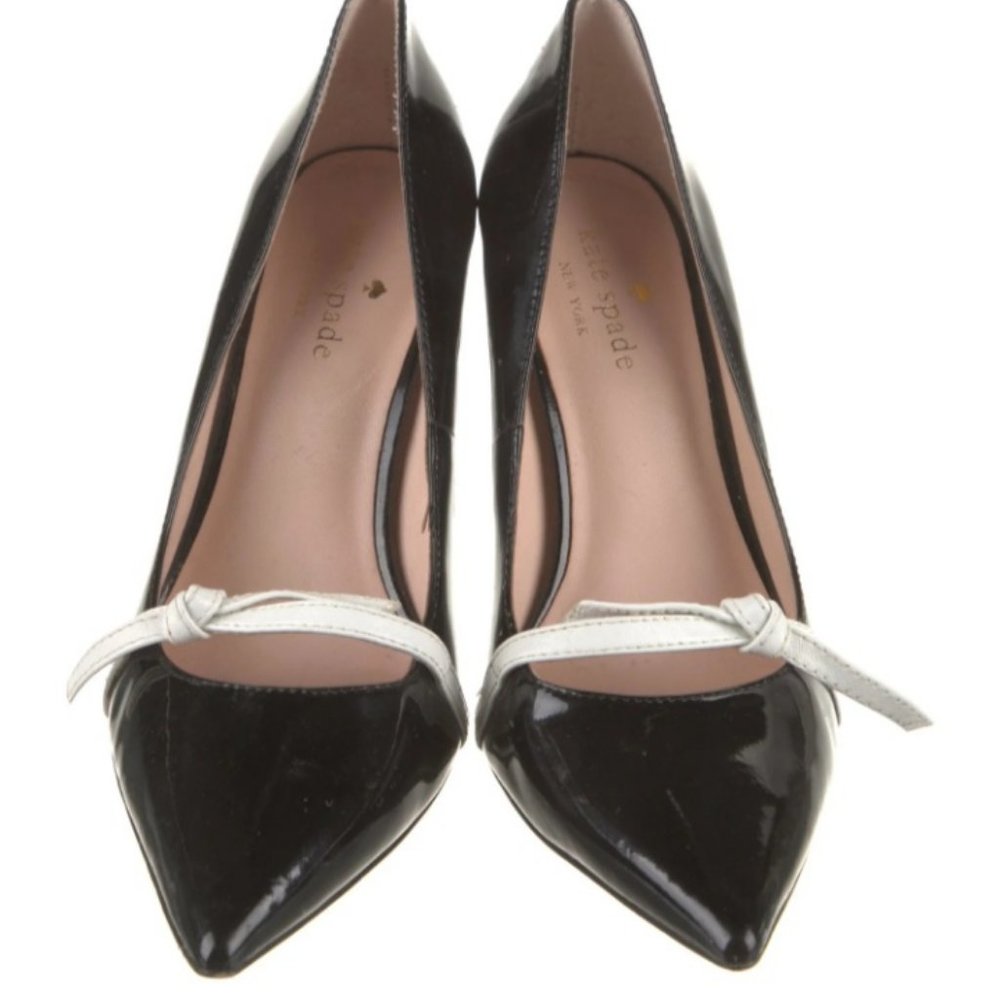 Kate Spade New York Sz 6 Pump High Heel Shoe Patent Leather Point Toe White Bow